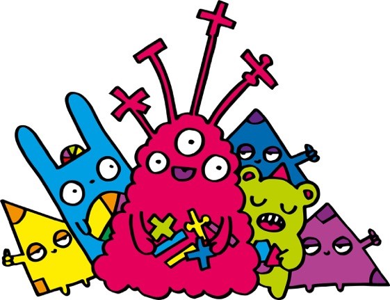 cartoon monsters arranged in a triable shape the middle monster has three eyes!